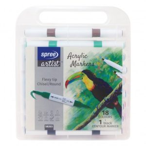 Spree Artist 58203 Маркери акрилни двувърхи Flexy Chisel/Round tip, 18 цвята плюс контурен