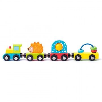 Woody 93057 Дървено влакче с вагончета играчки и таралеж